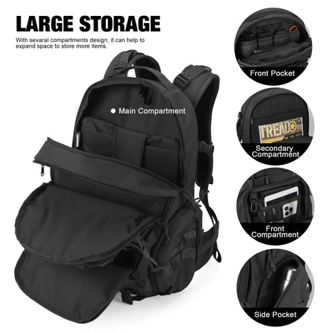 35L MOLLE Tactical Backpack For Men Cordura 915D Durable Fabric Heavy Duty Hiking Camping Survival Pack with open compartments