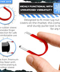 Close-up of red rubber-sleeved steel puller from Three Piece Lug Nut Cap Cover And Center Cap Removal Tool Set for cars
