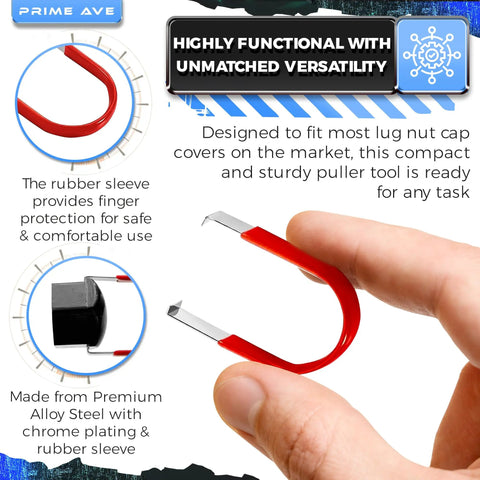 Close-up of red rubber-sleeved steel puller from Three Piece Lug Nut Cap Cover And Center Cap Removal Tool Set for cars