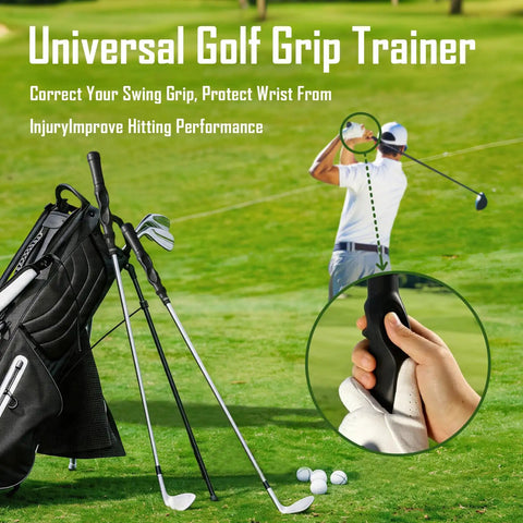 Pro Grade Grip Training Aid For Golfers That Keeps Your Hands In Place, golf clubs, and golf bag by green field
