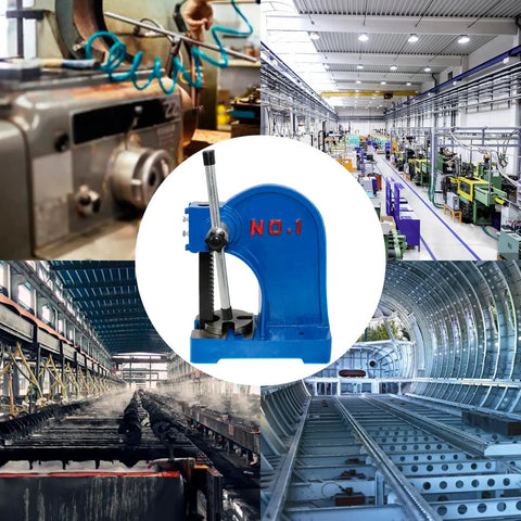 1 Ton Manual Desktop Punch Press Machine with 5.5 Inch Work Height, cast iron body for stamping, positioned in industrial setting
