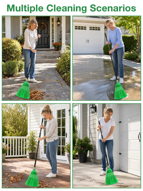 Heavy Duty Outdoor Broom With Super Stiff Bristles Commercial Yard Sweep For Leaves And Debris Garage Cleanout Tool used on porch.