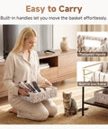 Woman organizing with Water Hyacinth Wicker Storage Baskets For Organizing On Shelves And In Pantry White Two Pack Perfect For Towels Snacks Laundry Supplies Bins Eleven And A Quarter By Seven And A Half By Three And A Half Inches