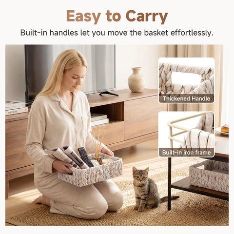 Woman organizing with Water Hyacinth Wicker Storage Baskets For Organizing On Shelves And In Pantry White Two Pack Perfect For Towels Snacks Laundry Supplies Bins Eleven And A Quarter By Seven And A Half By Three And A Half Inches