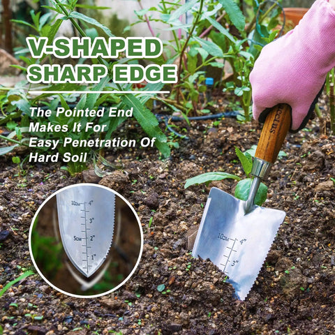 Garden Trowel With Serrated Edge And Four Inch Depth Marks, Stainless Steel Blade With Comfortable Wood Handle, V Shaped Sharp Edge For Planting And Weeding, Built For No Fuss Weeding
