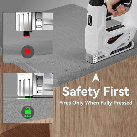 Heavy Duty Cordless Brad Nailer And 2 In 1 Electric Stapler With Fast Charge Battery for safe use with lock indicators.