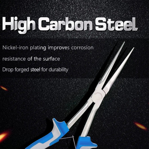 Long Reach Needle Nose Pliers Seven Inches Slim Extra Long Nose Pliers For Jewelry Making Wire Bending Small Object Gripping And Crafting With Smooth Jaws displayed with high carbon steel