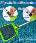 Heavy Duty Pool Skimmer Net With Reinforced Frame And Nylon Flat Leaf Rake For Spas Ponds And Swimming Pools Pro Grade Cleaning Tool Pole Not Included, showing clip with hand protection and lock mechanism.
