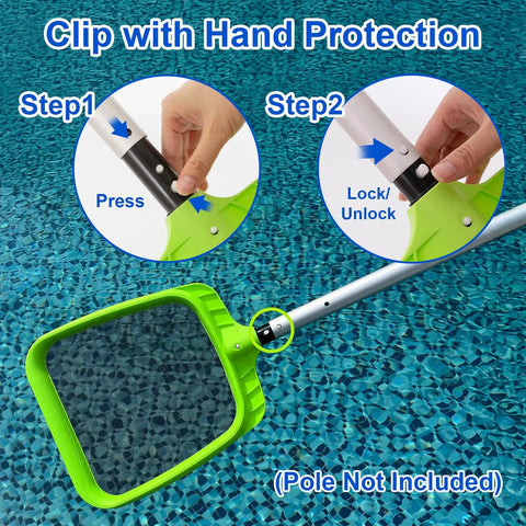 Heavy Duty Pool Skimmer Net With Reinforced Frame And Nylon Flat Leaf Rake For Spas Ponds And Swimming Pools Pro Grade Cleaning Tool Pole Not Included, showing clip with hand protection and lock mechanism.