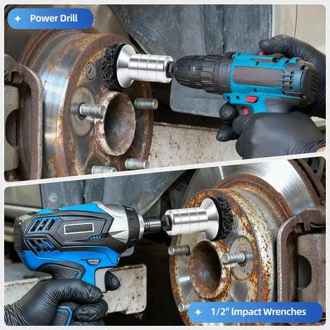 Dope Wheel Hub Cleaning Tool With Dual Head Adapter for rust removal on brake rotor using power drill and 1/2-inch impact wrench.