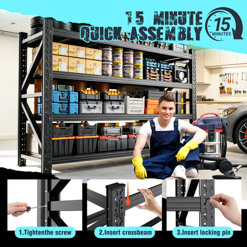 Heavy Duty Metal Garage Shelving 79 Inch Wide 4 Tier Adjustable Storage Rack Matrix Frame Easy Assembly showcased in a workshop.
