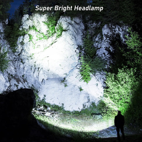 Rechargeable LED Headlamp Beast Bright With Three Light Modes illuminating rocky landscape at night.