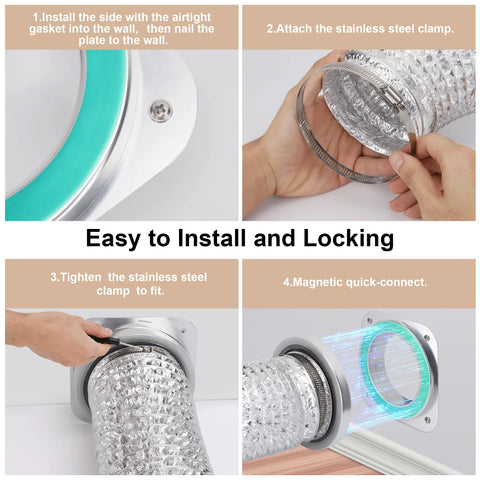 Magnetic dryer vent coupling DV180 kit with 3 ft duct and stainless steel clamps; four-step installation guide illustrated.