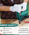 Person using Ready To Rock Electric Brad Nailer And 2 In 1 Staple Gun With Smooth Spiral Drive for woodwork.