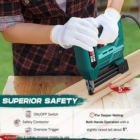 Person using Ready To Rock Electric Brad Nailer And 2 In 1 Staple Gun With Smooth Spiral Drive for woodwork.