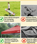 Collage showing a person carrying a red 10x10 Pop Up Canopy Tent with Easy Up Setup on wheels compared to a cumbersome one.