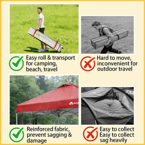Collage showing a person carrying a red 10x10 Pop Up Canopy Tent with Easy Up Setup on wheels compared to a cumbersome one.