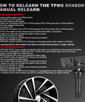 4 Pack Pre Programmed 433MHz TPMS Sensors For Chrysler Dodge Jeep Ram Fiat Tire Pressure Monitoring Sensor Kit Plug N Play For 300 Challenger Durango Journey Wrangler Grand Cherokee Ram 1500 2500 manual relearn instructions graphic with sensor and wheel