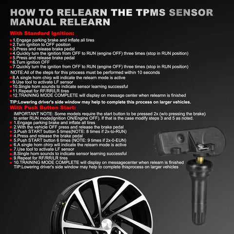 4 Pack Pre Programmed 433MHz TPMS Sensors For Chrysler Dodge Jeep Ram Fiat Tire Pressure Monitoring Sensor Kit Plug N Play For 300 Challenger Durango Journey Wrangler Grand Cherokee Ram 1500 2500 manual relearn instructions graphic with sensor and wheel
