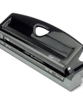 Adjustable 6-Hole Punch With Lock-Down Handle, 4 Position Settings, 9 Sheet Capacity, All-Metal Body, Black shown from side view