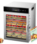 Heavy Duty 12 Tray Electric Food Dehydrator For Slick Batch Prepping Of Jerky Dried Fruit Veggie Chips And Pup Chews With 800 Watt Heating Dual Fan Setup And Reliable Digital Timer Controls, showcasing layered fruits inside.