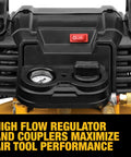 Close-up of regulator and couplers on 6 Gallon 165 PSI Pancake Air Compressor for enhanced air tool performance