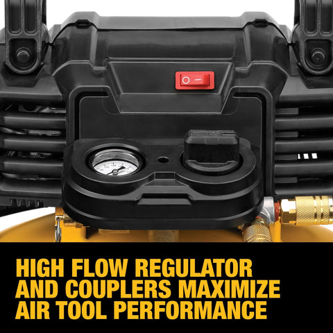 Close-up of regulator and couplers on 6 Gallon 165 PSI Pancake Air Compressor for enhanced air tool performance