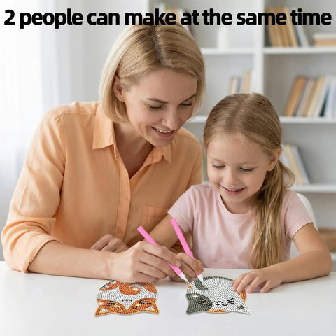 Six Cat Diamond Painting Coaster Kit Set With Double Tools For Adults And Kids DIY Diamond Art Crafts being used by two people.