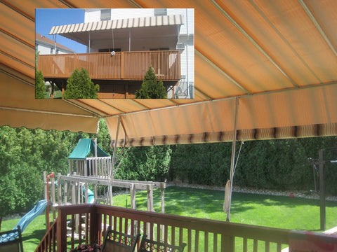 Striped patio awning providing shade over a backyard with playground; larger image inset showing similar awning on a balcony.