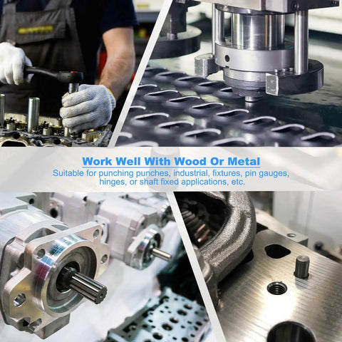 Heavy Duty Stainless Steel Dowel Pins Five Sixteenths Diameter By Twenty Millimeter Length showcased in industrial applications with tools.
