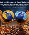Five Flavor Premium Coffee Capsule Variety Pack For LB Espresso Machines Featuring Top Class Caffe Crema Decaf Dek Gran Espresso And Gold Selection 100 Count With 20 Pods Each Your Daily Go To Pick, showing Lavazza Gold Selection and Decaf Dek capsules with coffee beans and honey.