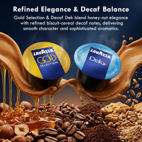 Five Flavor Premium Coffee Capsule Variety Pack For LB Espresso Machines Featuring Top Class Caffe Crema Decaf Dek Gran Espresso And Gold Selection 100 Count With 20 Pods Each Your Daily Go To Pick, showing Lavazza Gold Selection and Decaf Dek capsules with coffee beans and honey.