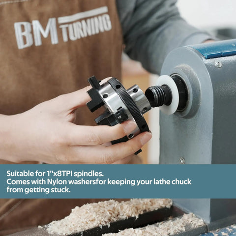 Straight Shooter 3 Inch Wood Lathe Chuck featuring 4 reversible jaws being attached to a lathe for woodturning.