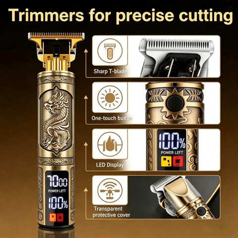 Cordless Hair Clippers For Men With Led Display And 3 In 1 Beard Trimmer Kit showing sharp T-blade, LED display and one-touch button.