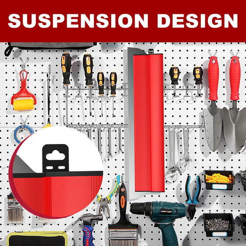 24 Inch Drywall Skimming Blade With Replaceable 0.38mm Stainless Steel Blade For Gyprock Drywall And Wall Board Finishing With Ergonomic Grip Pro Grade Heavy Duty For Quick Coverage And Smooth Flawless Walls displayed in suspension design on a pegboard with tools