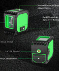 Self Leveling Laser Level With Tripod For Home Renovation And Picture Hanging No Fuss Setup Green Cross Line For Precise Floor Tile And Wall Alignment Up To 150 Feet Battery Included Class 2 Laser Output Ideal For DIY Projects And Indoor Layout, front and rear views