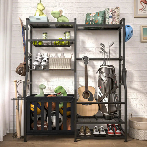 Garage Sports Equipment Organizer With Beefy Heavy Duty Ball Holder, golf bag storage, guitar, toys, indoor outdoor storage