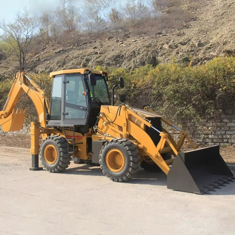 Powerful Backhoe Loader With Attachments For Construction And Farm Use showing folding bucket and cab on gravel road.