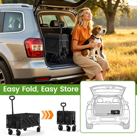 Woman with dog by car, featuring Extra Long 35 Inch Collapsible Wagon With Adjustable Handle Lightweight Foldable Cart