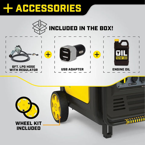 Accessories included with 8500 Watt Dual Fuel Portable Inverter Generator with Quiet Technology and CO Shield