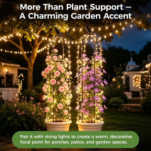 Space Saving Garden Obelisk Trellis For Climbing Plants Outdoor And Indoor Use, Rustproof Metal Plant Support adorned with lights