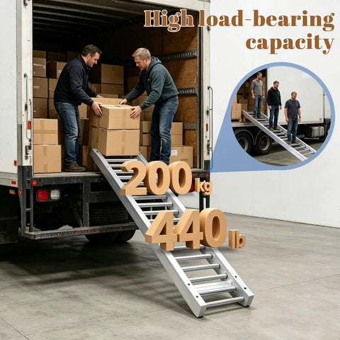 Two men using a Stainless Steel Roller Conveyor Slide Foldable Portable Heavy Duty Industrial Gravity Transport Cart for unpacking.