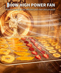 Heavy Duty Stainless Steel Food Dehydrator With Twelve Spacious Trays And A Rock Solid 800 Watt Motor, showing fruits dehydrating.