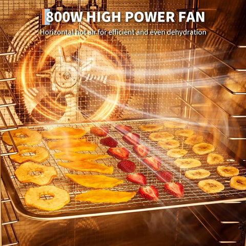 Heavy Duty Stainless Steel Food Dehydrator With Twelve Spacious Trays And A Rock Solid 800 Watt Motor, showing fruits dehydrating.