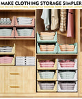 5 Pack Stackable Closet Storage Baskets, Foldable Organizer Bins For Bathroom Kitchen Laundry Room Wardrobe, shown in use in a closet.