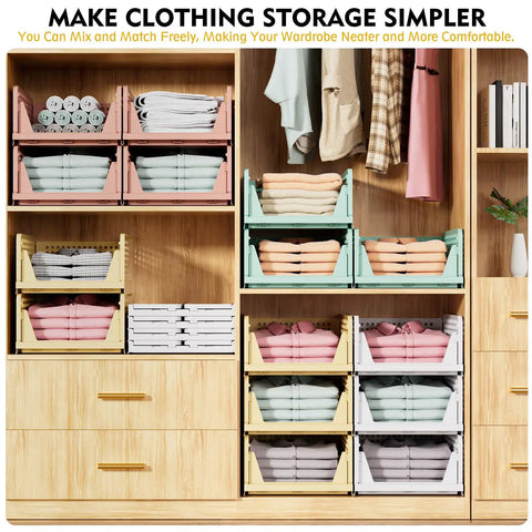 5 Pack Stackable Closet Storage Baskets, Foldable Organizer Bins For Bathroom Kitchen Laundry Room Wardrobe, shown in use in a closet.