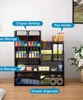 Front view of Mesh Pen Holder Desk Organizer With Drawer Ultra Versatile Pencil Organizer and Office Supplies Caddy on desk