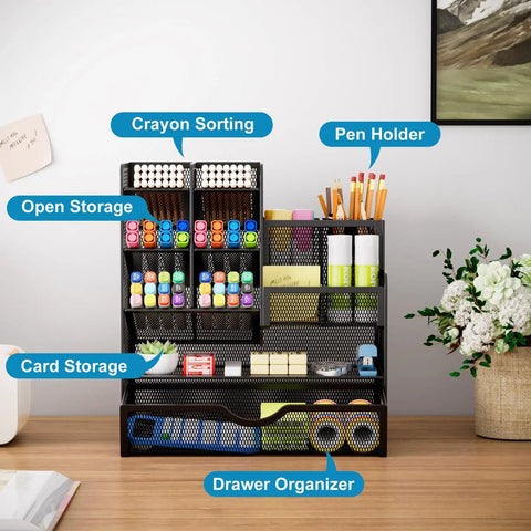 Front view of Mesh Pen Holder Desk Organizer With Drawer Ultra Versatile Pencil Organizer and Office Supplies Caddy on desk