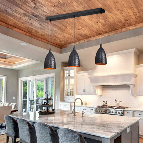 Black Metal 3 Light Pendant Light With Adjustable Height Up To 76.6 Inches in a modern kitchen setting.