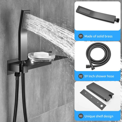 Matte Black Shower System With 10 Inch Rainfall Shower Head Handheld Shower Wall Mounted Faucet Set Complete Valve Body And Trim Included For A Dope Spa Vibe In Your Bathroom Upgrade, showing solid brass handheld with water spray and shelf design